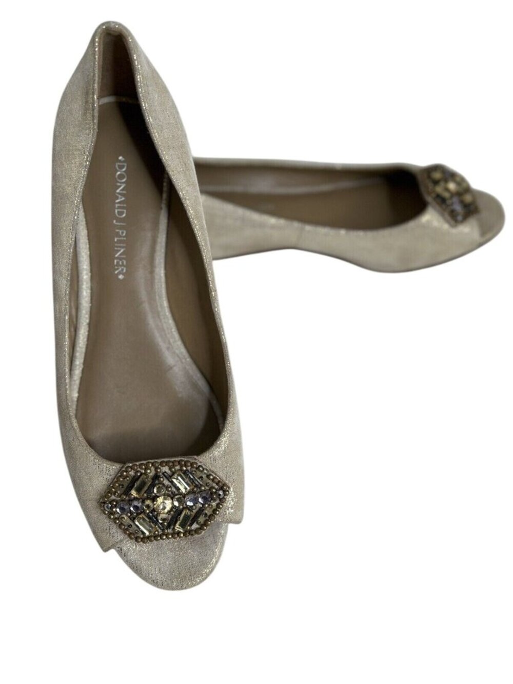 Donald J Pliner Gold Peep Toe Flats With Embellished Front Womens Size 7.5